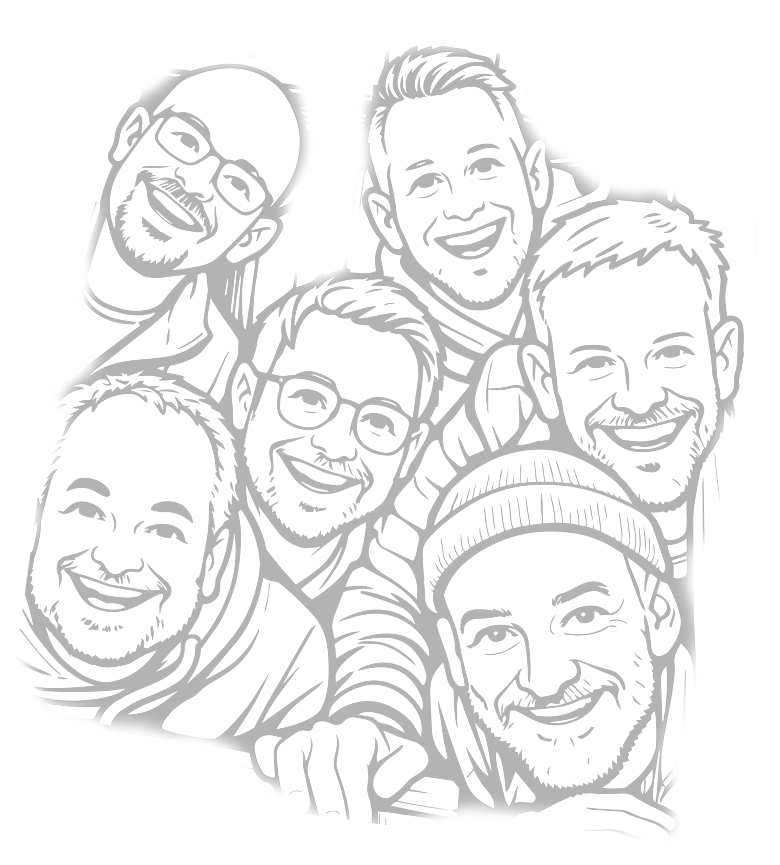 Gruppenselfie von sieben lächelnden Männern, die Freude und Freundschaft ausstrahlen. Ideal für soziale Interaktionen.